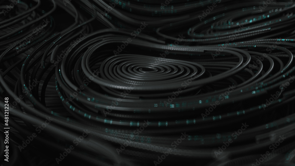 3d render Black topographic circular lines with running matrix code 3d render Black topographic circular lines with running matrix code