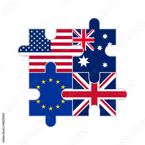puzzle pieces of usa, australia, europe and uk flags. vector illustration isolated on white background
