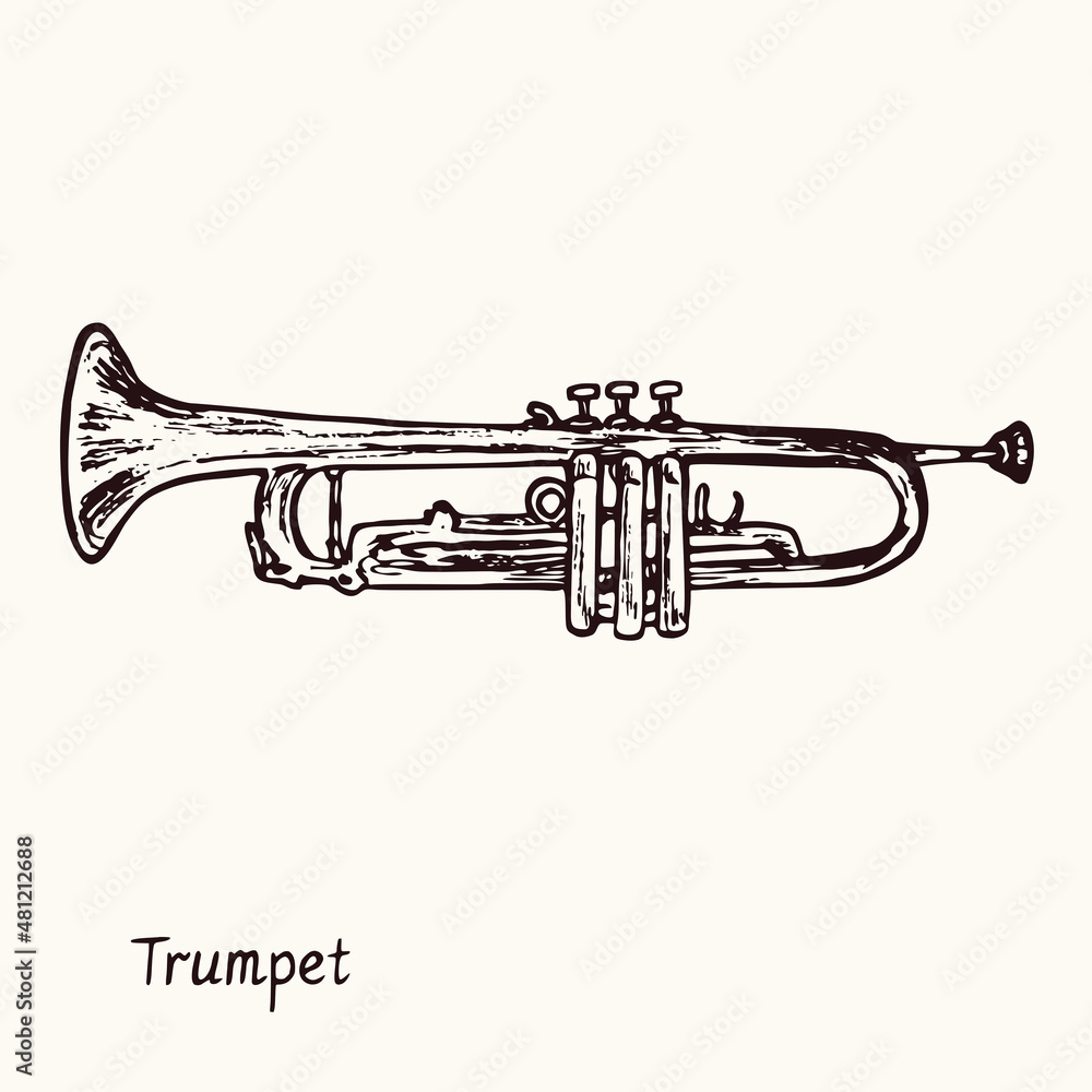 Obraz premium Trumpet. Ink black and white doodle drawing in woodcut style with inscription.