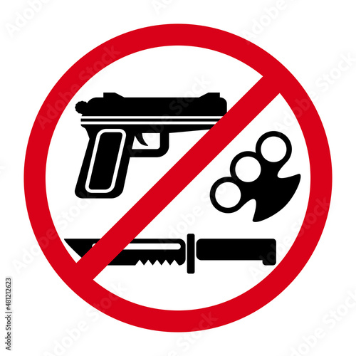 No weapons sign with red round and symbols of knife, gun and brass knuckles