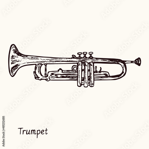 Trumpet. Ink black and white doodle drawing in woodcut style with inscription.