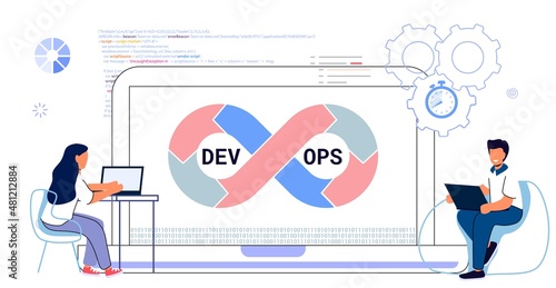 DevOps concept Tiny programmers practice development and software operations Software engineering culture Computer system administration design Technology analysis Flat vector isolated illustration