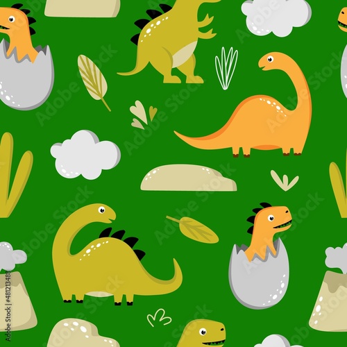 Seamless pattern with funny dinosaurs on a green background. Use for textiles  packaging paper  posters  backgrounds  decoration of children s parties. Vector illustration