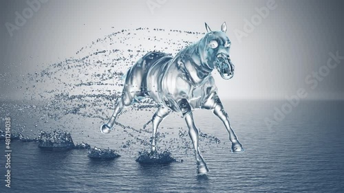 Horse made out of water runs through the water with splashes 3d rendering 4k