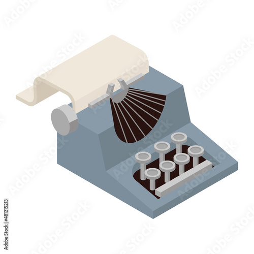 Vintage typewriter. Hand drawn isometric vector illustration. Flat color design.