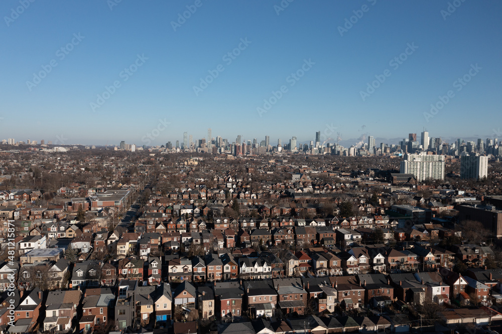 Downtown Toronto condos houses and buildings from Lansdowne and Dupont point of view in the air Downtown Toronto condos houses and buildings from Lansdowne and Dupont point of view in the air
