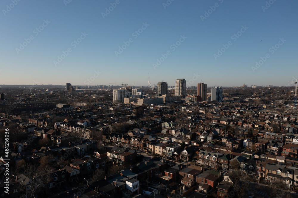 Downtown Toronto condos houses and buildings from Lansdowne and Dupont point of view in the air 