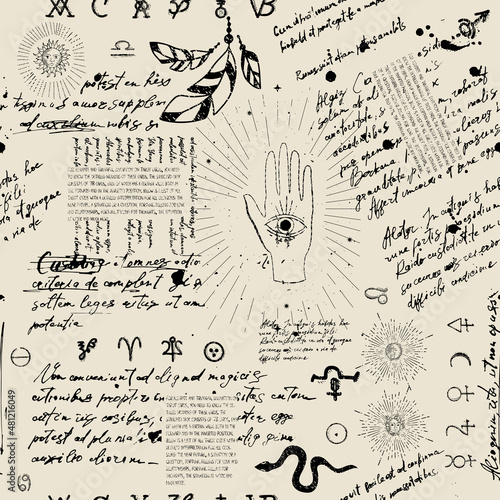 Abstract pattern of alchemical, esoteric, mystical symbols and unreadable handwritten scribbles. Seamless background with astrological icons and linear engravings with tarot card icons.
