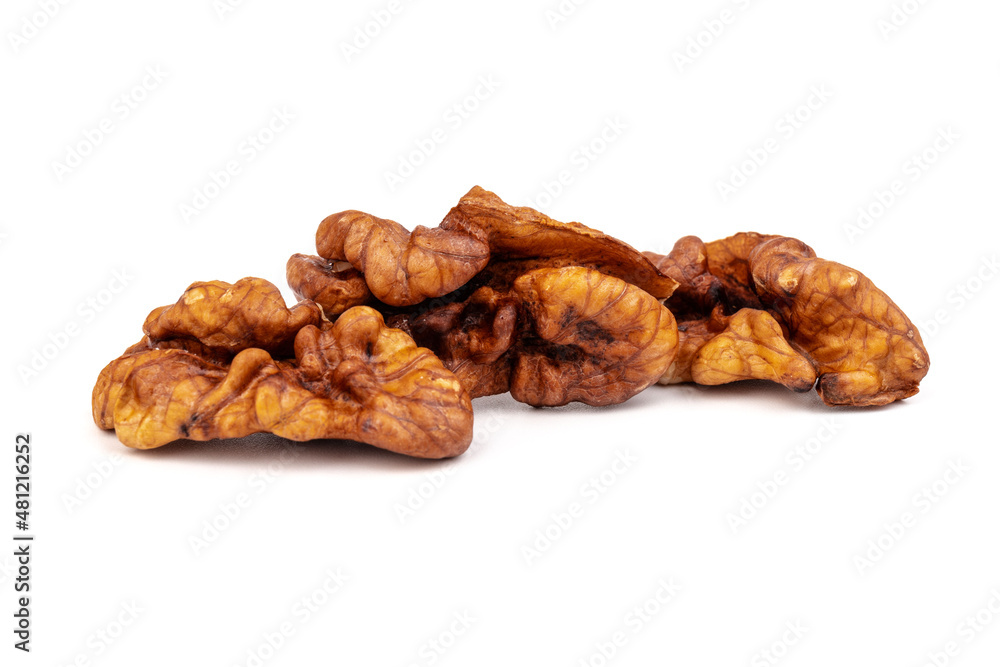 Walnut kernels isolated on white background. Space for text. Walnut kernels isolated on white background. Space for text.