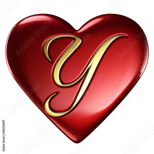 Heart, red glossy, gold letter Y embedded