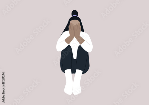 A young female character covering their face with hands, a desperate situation, stress and anxiety, mental health issues