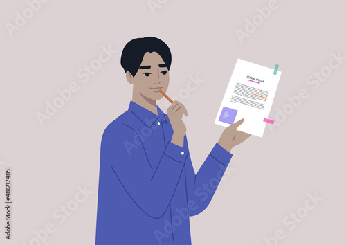 A young puzzled male Asian character biting a pen and editing a text