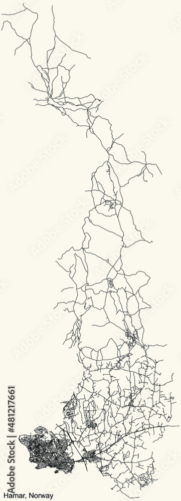 Detailed navigation black lines urban street roads map of the Norwegian regional capital city of HAMAR, NORWAY on vintage beige background