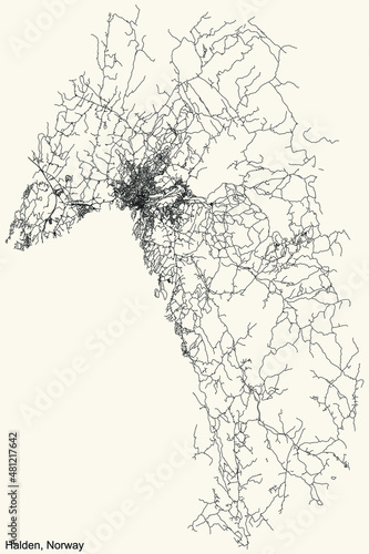 Detailed navigation black lines urban street roads map of the Norwegian regional capital city of HALDEN, NORWAY on vintage beige background