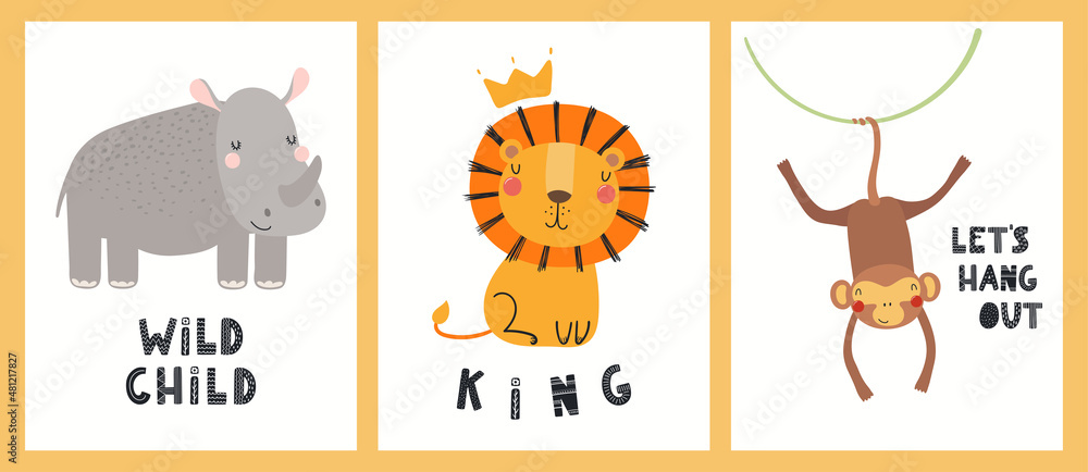 Cute funny tropical animals, rhino, lion, monkey, quotes. Posters, cards  collection. Hand drawn wild animal vector illustration. Scandinavian style  flat design. Concept for kids fashion, textile print Stock Vector | Adobe  Stock