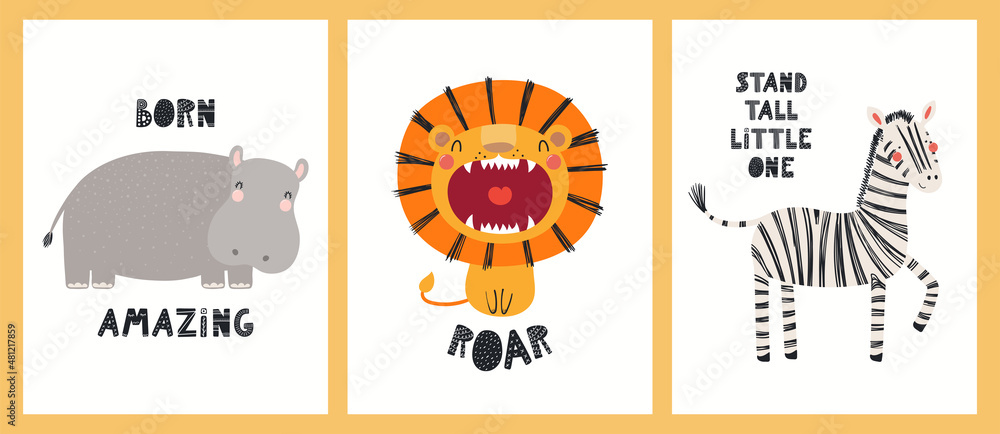 Cute funny tropical animals, hippo, lion, zebra, quotes. Posters, cards collection. Hand drawn wild animal vector illustration. Scandinavian style flat design. Concept for kids fashion, textile print.