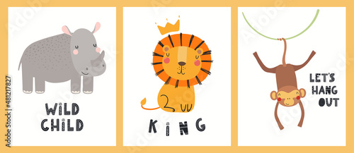 Cute funny tropical animals, rhino, lion, monkey, quotes. Posters, cards coll...