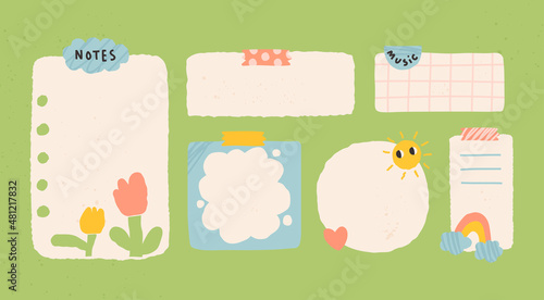 Various Paper notes on stickers. Information board with blank Paper sticky notes for reminders, to do list, planner, schedule. Hand drawn Vector illustration. Cartoon style. All elements are isolated