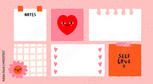 Various Paper notes on stickers. Information board with blank Paper sticky notes for reminders, to do list, planner, schedule. Hand drawn Vector illustration. Cartoon style. All elements are isolated