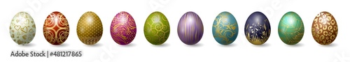 Set of colorful 3d realistic Easter eggs with golden pattern. Decorative design element.