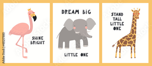 Cute funny tropical animals, flamingo, elephant, giraffe. Posters, cards collection. Hand drawn wild animal vector illustration. Scandinavian style flat design. Concept for kids fashion, textile print