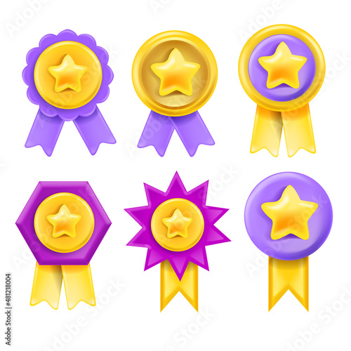 3D golden medal prize set, vector award icon kit, game winner badge, honor trophy reward on white. First place star, quality certificate, champion achievement coin. 3D UI medal, sport success emblem