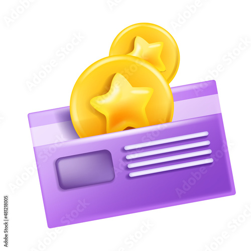 3D bonus card, vector coupon gift voucher, discount certificate icon, promotion sale reward point. Loyalty customer program, shopping cashback award, star medals. 3D bank card isolated on white