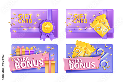 3D voucher gift coupon, loyalty program card, discount present certificate set, shopping extra bonus. Promotion special offer flyer, customer birthday holiday reward, VIP badge. 3D voucher design kit