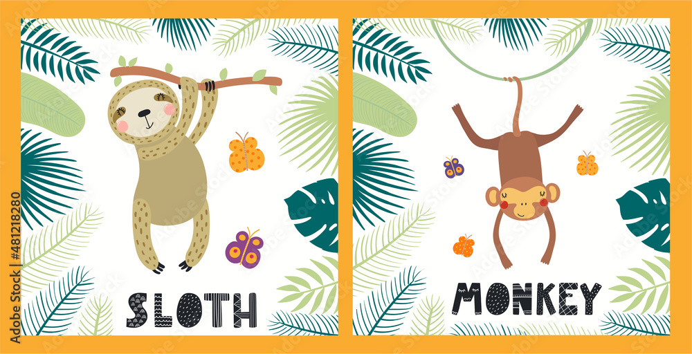 Fototapeta premium Cute funny animals, sloth, monkey, tropical landscape. Posters, cards collection. Hand drawn wild animal vector illustration. Scandinavian style flat design. Concept for kids fashion, textile print.