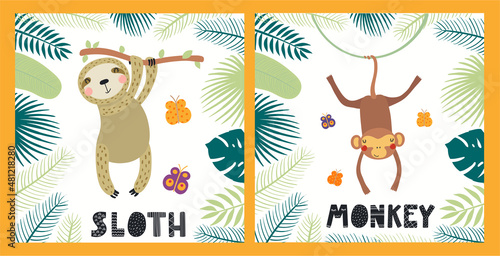 Cute funny animals  sloth  monkey  tropical landscape. Posters  cards collection. Hand drawn wild animal vector illustration. Scandinavian style flat design. Concept for kids fashion  textile print.