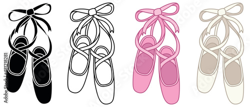 Ballet Shoes with Ribbon Laces Clipart Set - Outline, Silhouette, Pink and White