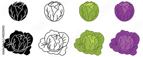 Green and Red / Purple Cabbage Clipart Set - Outline, Silhouette and Color