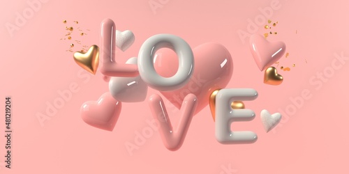 Valentines Day theme with hearts and LOVE text - 3D render
