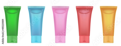 Set of transparent gel tubes of red, blue, green, yellow, pink and orange colors. Lubricant, lotion. Bubble inside. Moisturizer. Korean cosmetics. Realistic vector illustration. 3d mockup