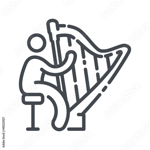 Harp with musician playing on it isolated on transparent background.