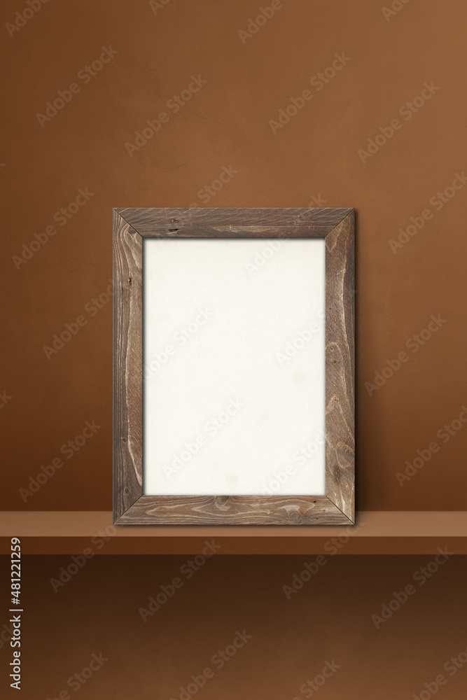 Wooden picture frame leaning on a brown shelf. 3d illustration. Vertical background Wooden picture frame leaning on a brown shelf. 3d illustration. Vertical background