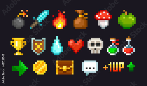 Pixel graphics icons and objects for 8-bit retro game design. Potion, sword coin and heart. Pixel Game loot set of shield, sword, potion, bottle, heart, skull, fire, apple, hourglass © VRTX