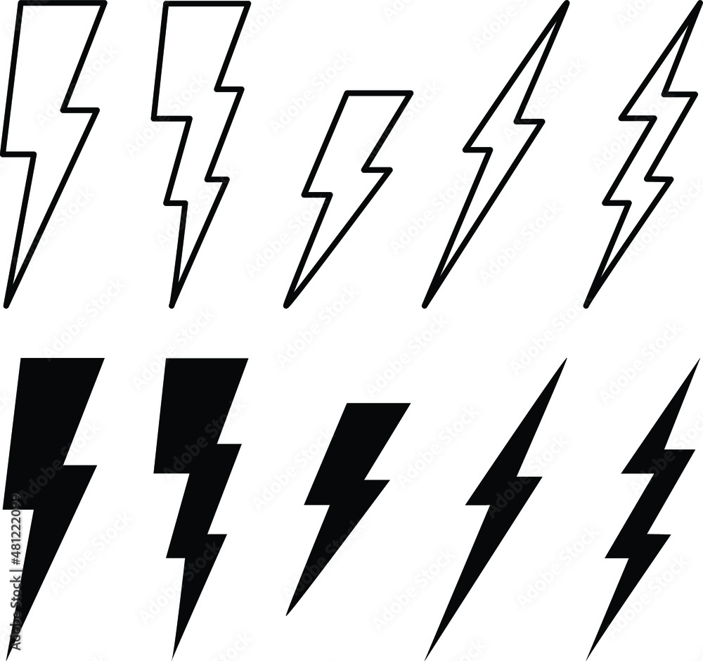 Cartoon Lightning Bolt Clipart Set - Outline and Silhouette Stock Vector |  Adobe Stock