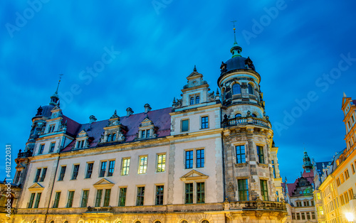 Sunset view of major city landmarks and buildings from Altmarkt Square in Dresden, Germany,