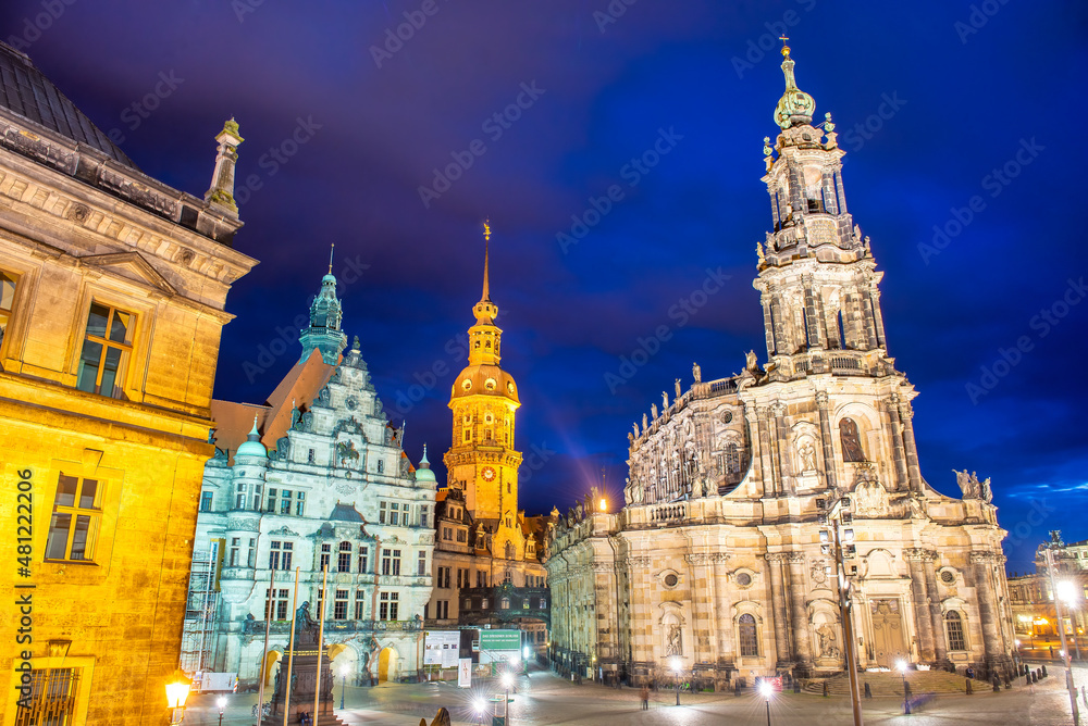 DRESDEN, GERMANY - JULY 14, 2016: Roman Catholic Cathedral of Dresden at night.