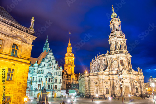 DRESDEN, GERMANY - JULY 14, 2016: Roman Catholic Cathedral of Dresden at night.