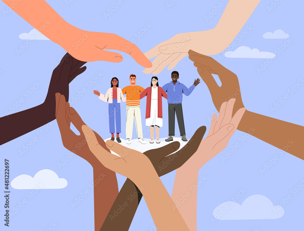 Solidarity and unity concept. People of different nationalities and skin  colors hold hands and support each other. International collaboration and  teamwork. Cartoon modern flat vector illustration Stock Vector | Adobe Stock