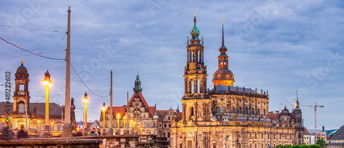 Dresden main landmarks at night from city square, Germany.