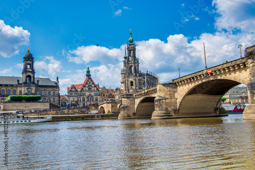 DRESDEN, GERMANY - JULY 16, 2016: Dresden city landmarks and Augustus Bridge on a beautiful summer day.