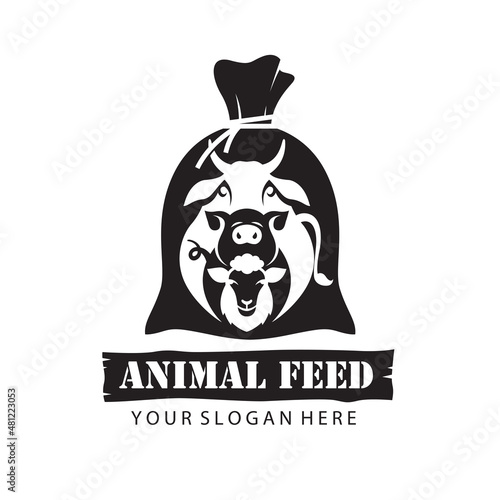 farm animals feed in sack with cow, sheep and pig isolated on white background