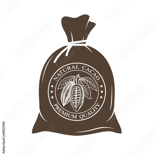 illustration of knotted sack with cacao beans isolated on white background