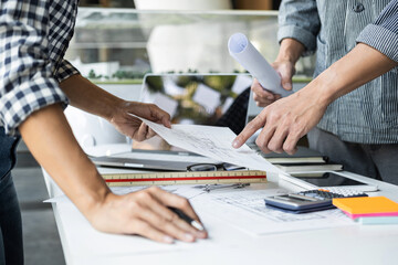 Architecture Engineer Teamwork Meeting, Drawing and working for architectural project and engineering tools on workplace, concept of worksite on technical drawing structure and construction