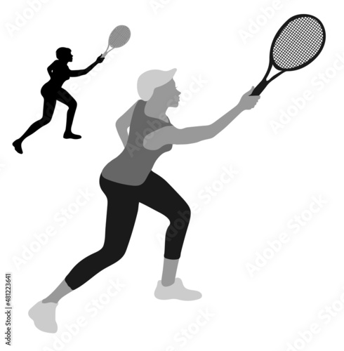 Vector silhouette of a young girl with a tennis racket in a baseball cap, T-shirt and leggings. The girl hits the ball. © Valentina