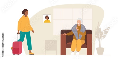 Smiling young woman with red suitcase enters home. Elderly woman with gray hair sitting in armchair. Meeting after broke up. People wearing casual clothes. Colored flat cartoon vector illustration