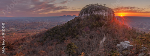 Autumn panorama sunrise view of the knob from Little Pinnacle at Pilot Mountain State Park in Pinnacle, NC.